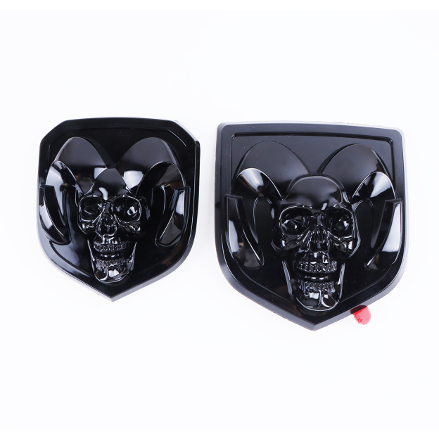 2Pcs 2013-2018 Ram 1500 2500 3500 ABS Front Grille&Tailgate Emblem Gloss Black Dodge Ram Skull Head Front Hood&Rear Trunk Decal