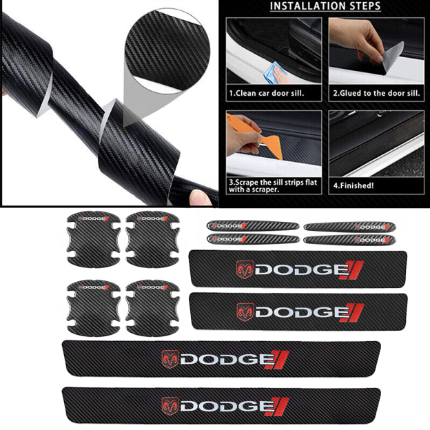 12Pcs Universal Carbon Fiber Car Door Handle & Sill Protector Letter Sticker Balack Dodge Decal