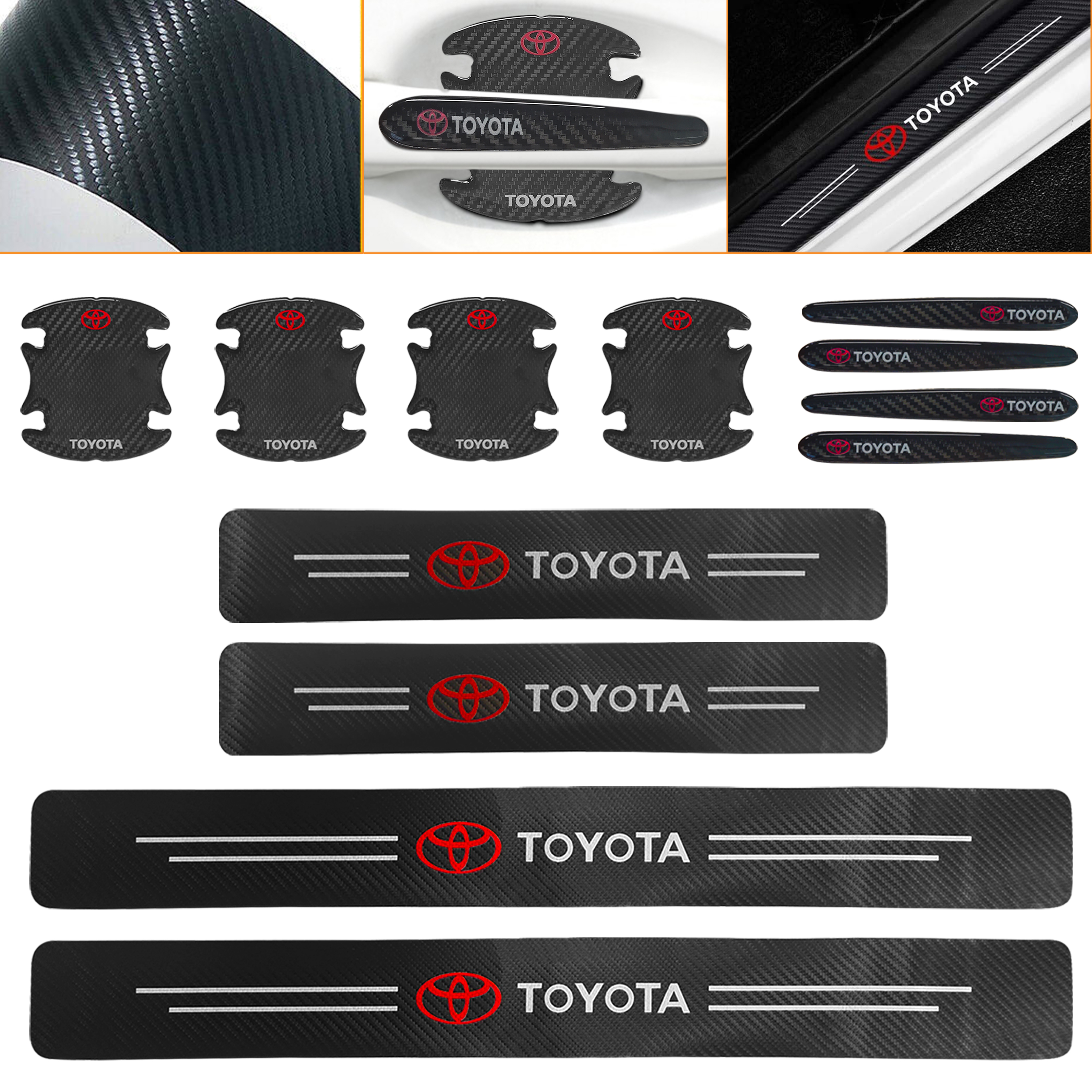 12PCS Universal Carbon Fiber Texture Car Door Plate Sill Scuff Cover Anti Handle Cup Bowl Sticker Protector Black Toyota