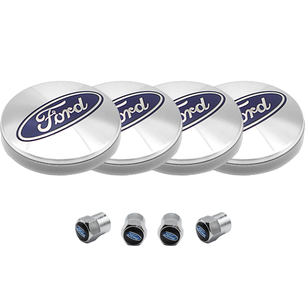 8PCS SET Ford Wheel Center Hub Caps 54mm Rim Emblem Hubcap Cover Logo 2 ⅛" & 4pcs Valve Caps Chrome 6M21-1003-AA 6M2Z-1003-C CP9C1A096AA