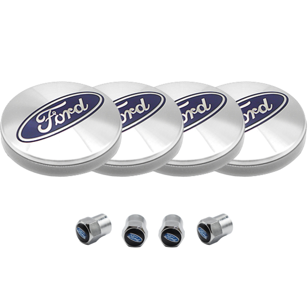 8PCS SET Ford Wheel Center Hub Caps 54mm Rim Emblem Hubcap Cover Logo 2 ⅛" & 4pcs Valve Caps Chrome 6M21-1003-AA 6M2Z-1003-C CP9C1A096AA