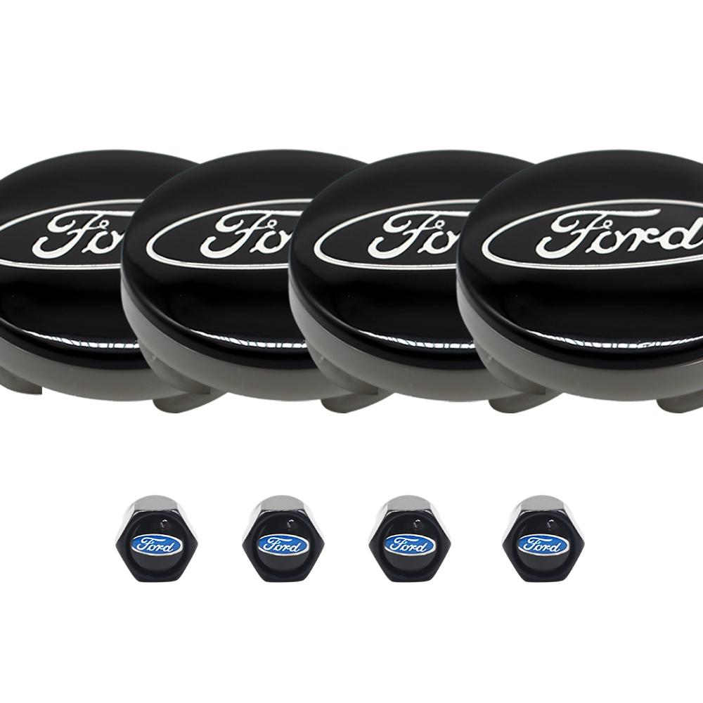8PCS SET Ford Wheel Center Hub Caps 54mm Rim Emblem Hubcap Cover Logo 2 ⅛" & 4pcs Valve Caps Black 6M21-1003-AA 6M2Z-1003-C CP9C1A096AA