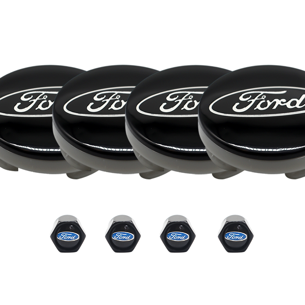 8PCS SET Ford Wheel Center Hub Caps 54mm Rim Emblem Hubcap Cover Logo 2 ⅛" & 4pcs Valve Caps Black 6M21-1003-AA 6M2Z-1003-C CP9C1A096AA