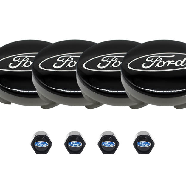 8PCS SET Ford Wheel Center Hub Caps 54mm Rim Emblem Hubcap Cover Logo 2 ⅛" & 4pcs Valve Caps Black 6M21-1003-AA 6M2Z-1003-C CP9C1A096AA
