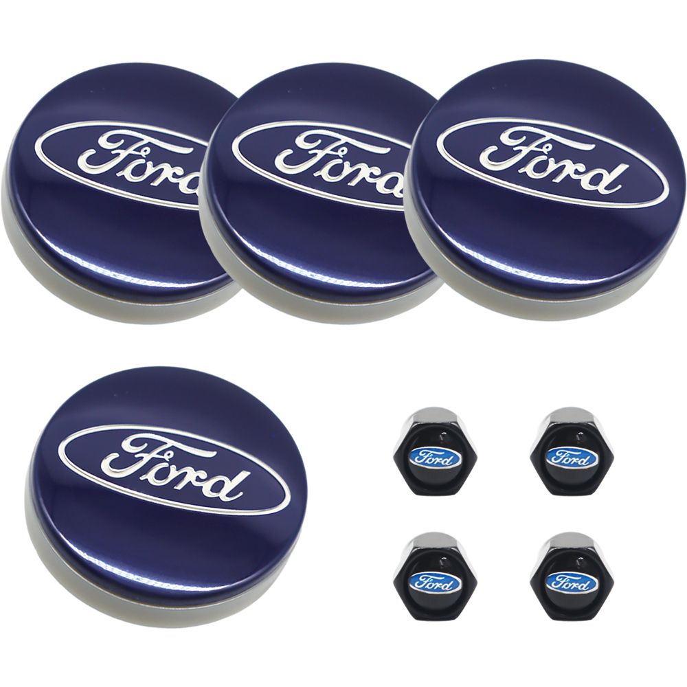 8PCS SET Ford Wheel Center Hub Caps 54mm Rim Emblem Hubcap Cover Logo 2 ⅛" & 4pcs Valve Caps Blue 6M21-1003-AA 6M2Z-1003-C CP9C1A096AA