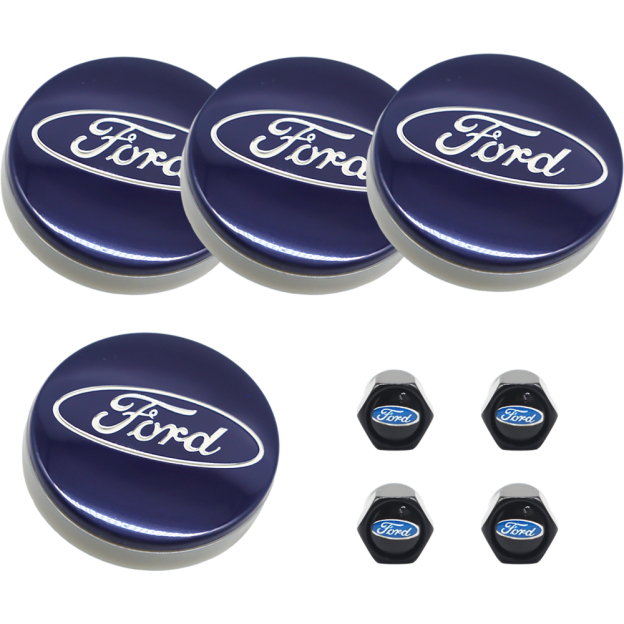 8PCS SET Ford Wheel Center Hub Caps 54mm Rim Emblem Hubcap Cover Logo 2 ⅛" & 4pcs Valve Caps Blue 6M21-1003-AA 6M2Z-1003-C CP9C1A096AA