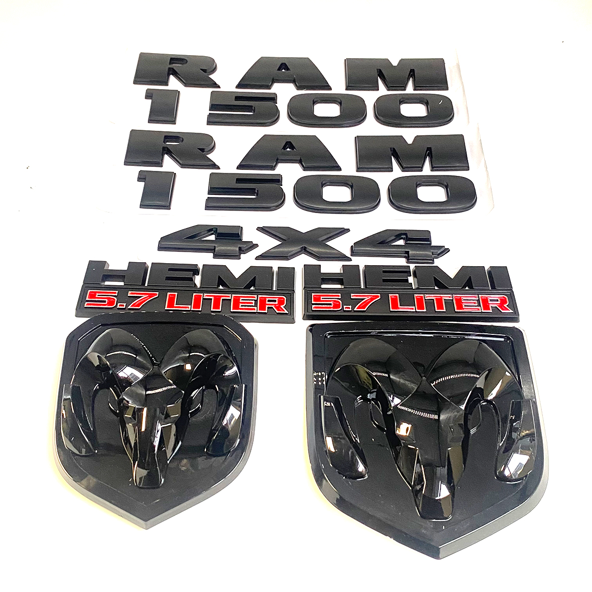 Dodge RAM 1500 Front & Rear RAM Head Emblem + RAM 1500 4X4 Hemi 5.7 liter  Badges Nameplate Black Red 