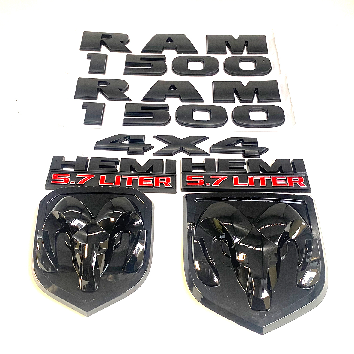 Dodge RAM 1500 Front & Rear RAM Head Emblem + RAM 1500 4X4 Hemi 5.7 liter  Badges Nameplate Black Red 