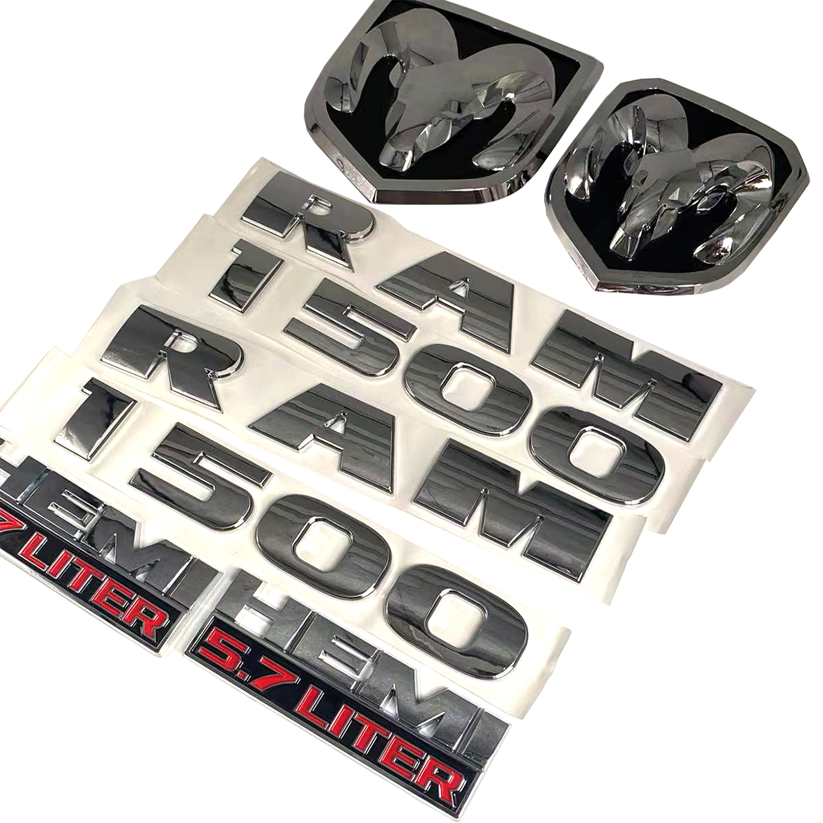 Dodge RAM 1500 Front & Rear RAM Head Emblem + RAM 1500 Hemi 5.7 liter  Badges Nameplate Chrome Red 