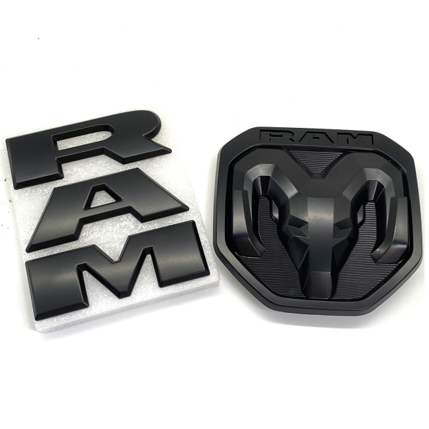 Dodge RAM 1500 2019-2023 Front Grille Emblem & Rear Tailgate Rams Head Emblem ABS 3D Trunk Lid Replacement Badge Matte Black