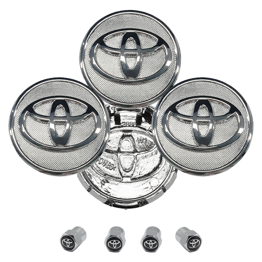 SET 4 TOYOTA WHEEL CENTER CAPS 57 MM SILVER/CHROME COROLLA PRIUS YARIS&4 Tire Valve Stem Caps