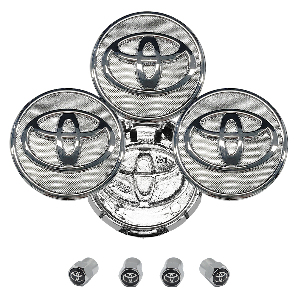 SET 4 TOYOTA WHEEL CENTER CAPS 57 MM SILVER/CHROME COROLLA PRIUS YARIS&4 Tire Valve Stem Caps