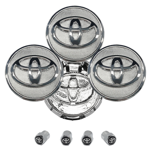 SET 4 TOYOTA WHEEL CENTER CAPS 57 MM SILVER/CHROME COROLLA PRIUS YARIS&4 Tire Valve Stem Caps