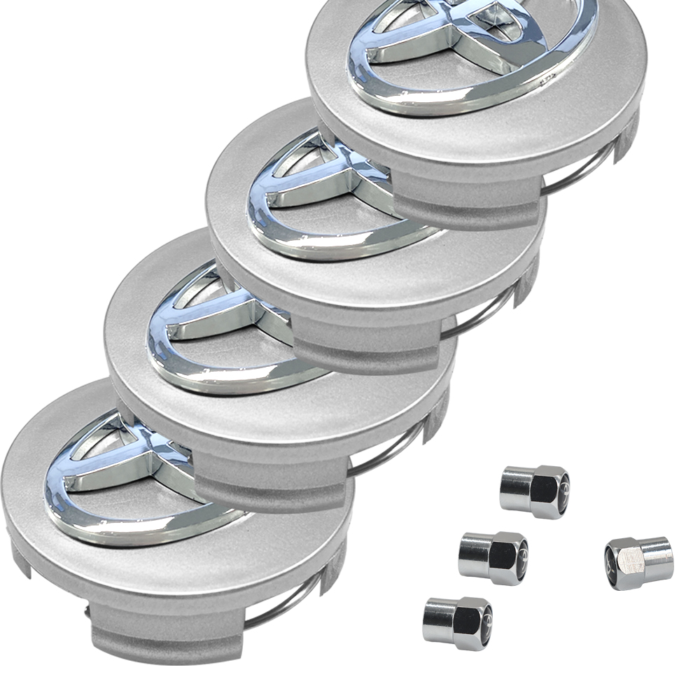 4x TOYOTA WHEEL RIMS CENTER HUB CAP CAPS SILVER BASE CHROME LOGO 62MM CAMRY +MOR&4 Tire Valve Stem Caps