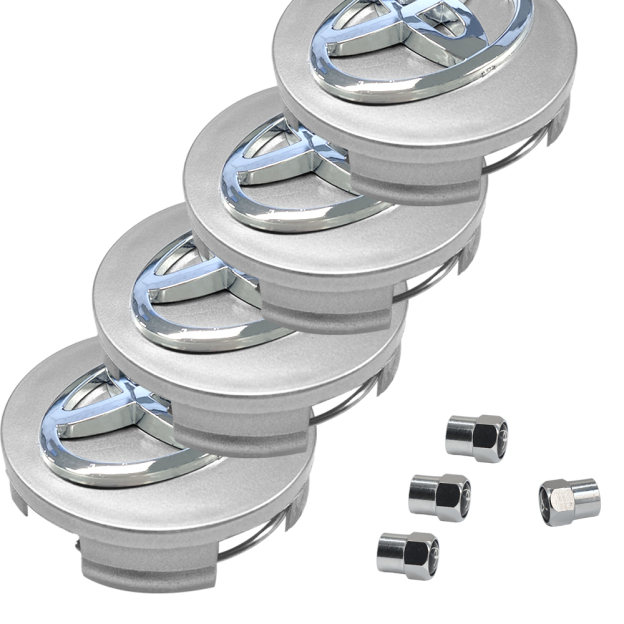 4x TOYOTA WHEEL RIMS CENTER HUB CAP CAPS SILVER BASE CHROME LOGO 62MM CAMRY +MOR&4 Tire Valve Stem Caps
