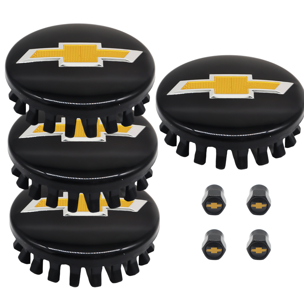 Complete Black & Gold Kit: 83mm Center Caps & Valve Caps for Chevrolet Silverado, Suburban, Tahoe