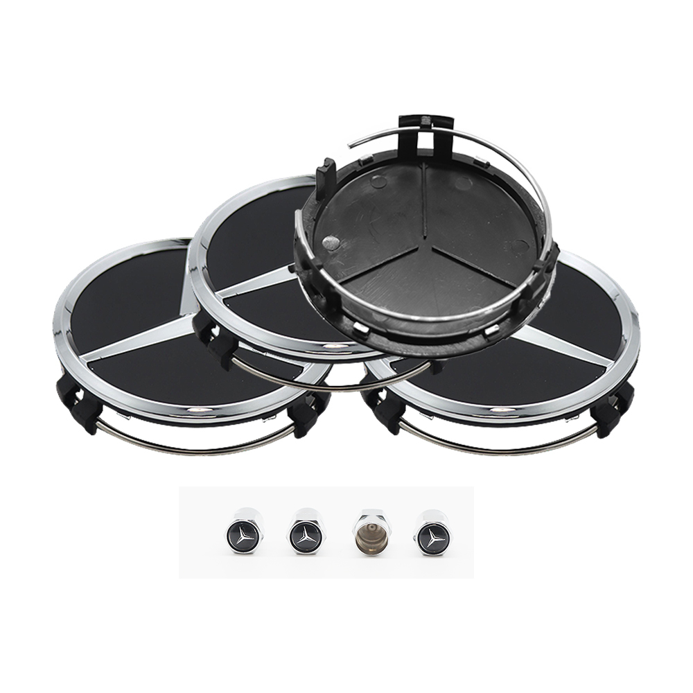 4PCS 2005-2017 CLS550 SLK350 SLK55 AMG 75mm ABS Wheel Center Caps Gloss Black Chrome Mercedes Benz 171-400-01-25-9040