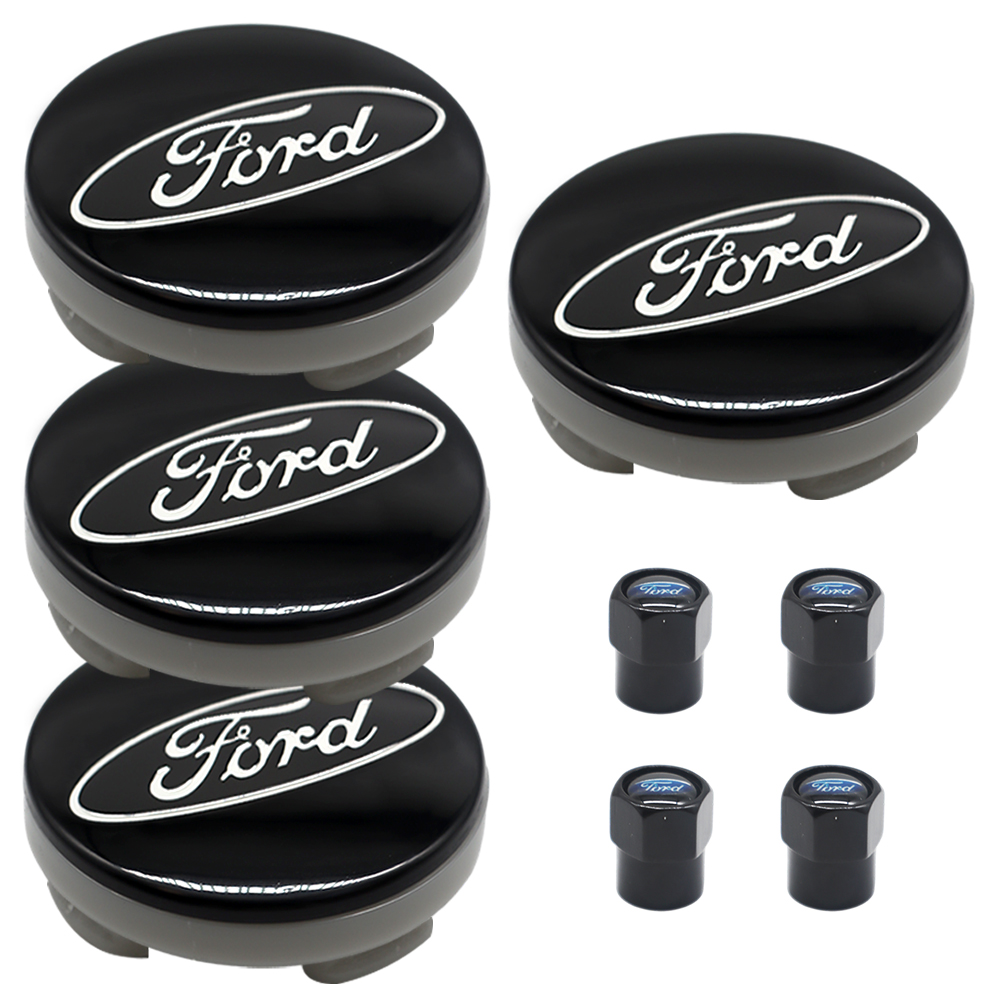 8PCS SET Ford Wheel Center Hub Caps 54mm Rim Emblem Hubcap Cover Logo 2 ⅛" & 4pcs Valve Caps Black 6M21-1003-AA 6M2Z-1003-C CP9C1A096AA