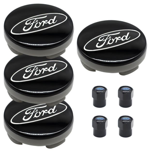 8PCS SET Ford Wheel Center Hub Caps 54mm Rim Emblem Hubcap Cover Logo 2 ⅛" & 4pcs Valve Caps Black 6M21-1003-AA 6M2Z-1003-C CP9C1A096AA