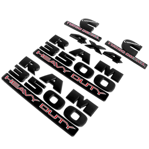 Dodge RAM 3500 2011-2018 Emblem Badges Nameplate RAM 3500 HEAVY DUTY 4X4 Cummins Turbo Diesel Matte Black Red 5PCS SET