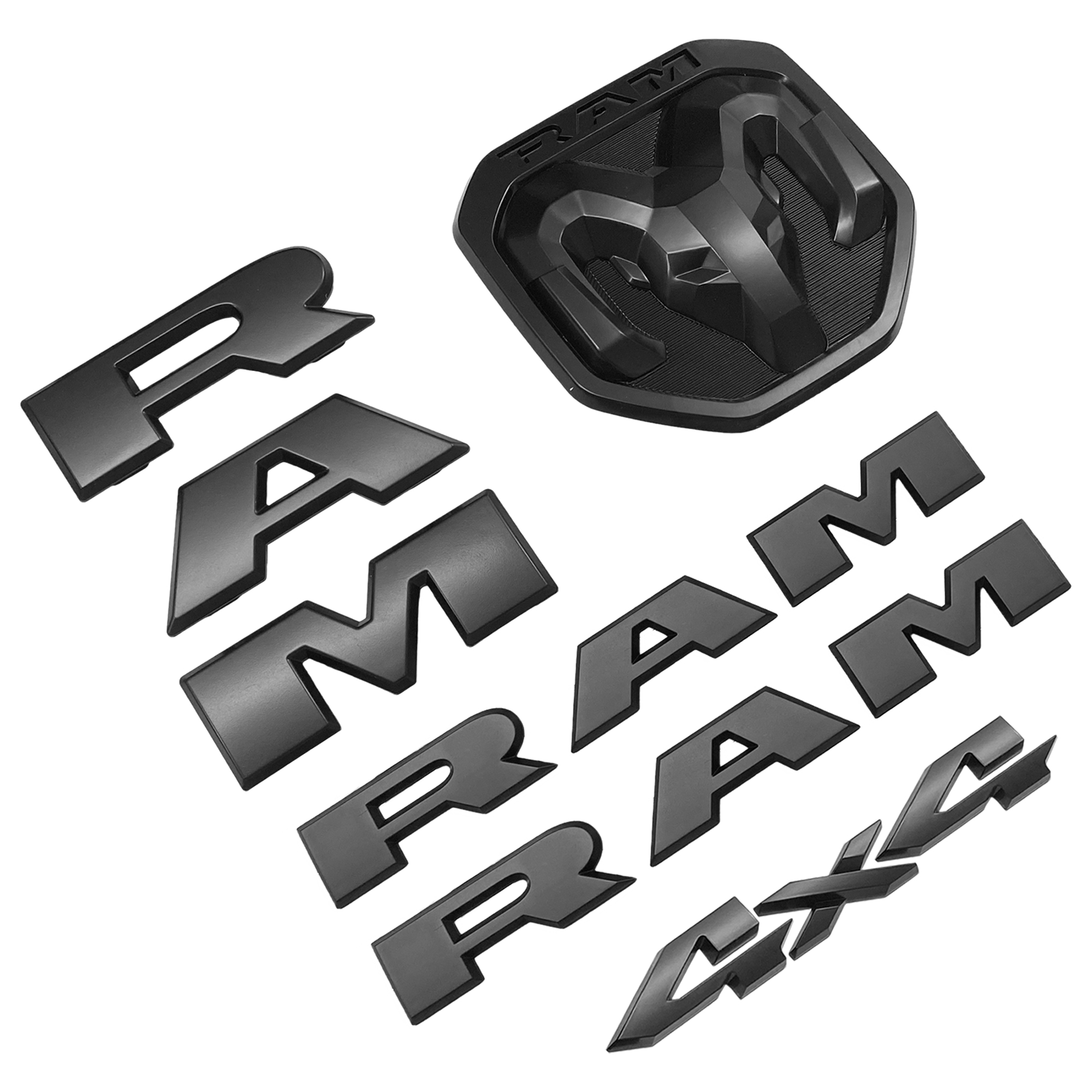 Dodge Ram 1500 2019-2023 Emblem Side Door / Front Grille / Rear Tailgate Rams Head / 4x4 Badge Nameplate Matte Black 68298470AA, 68276327AA