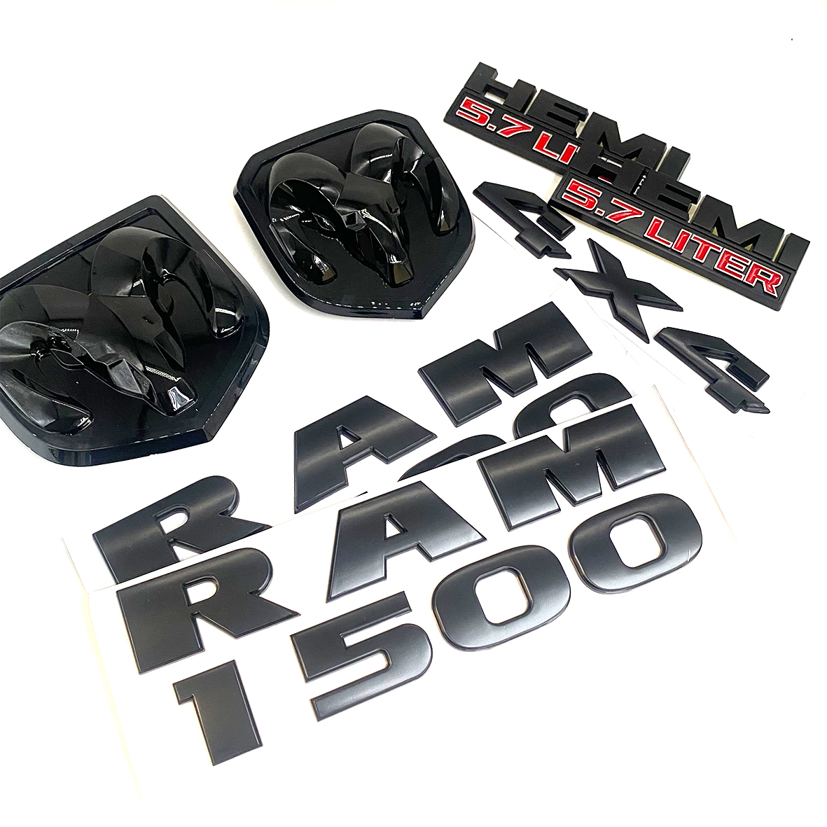 Dodge RAM 1500 Front & Rear RAM Head Emblem + RAM 1500 4X4 Hemi 5.7 liter  Badges Nameplate Black Red 