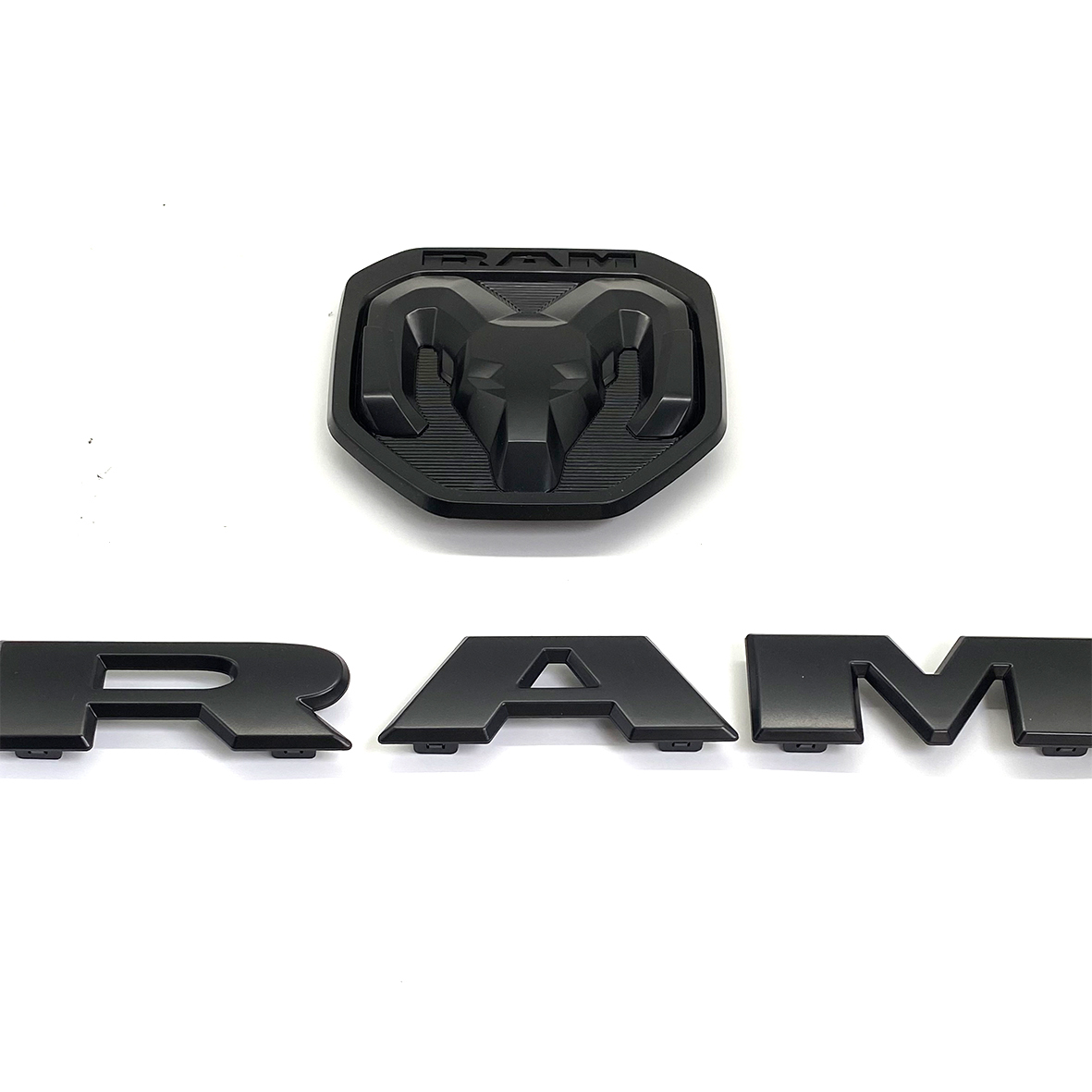 Dodge RAM 1500 2019-2023 Front Grille Emblem & Rear Tailgate Rams Head Emblem ABS 3D Trunk Lid Replacement Badge Matte Black