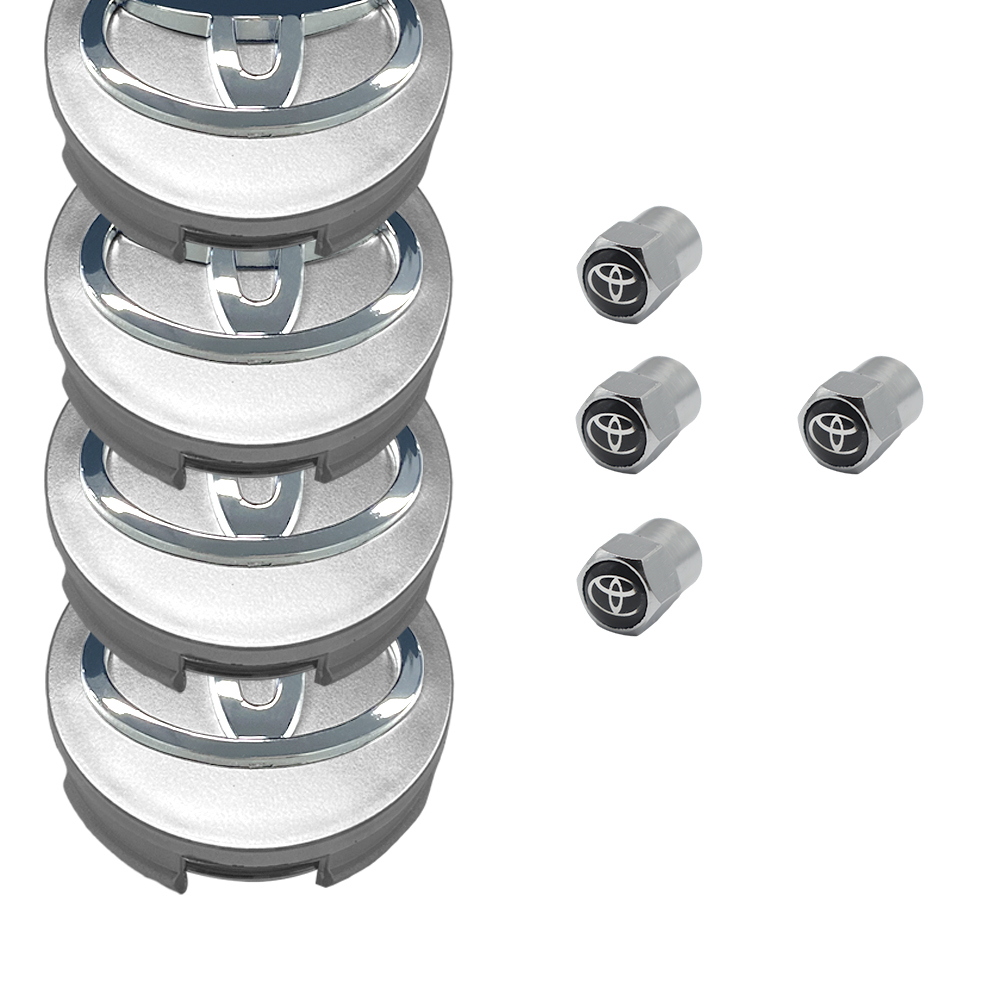 4x TOYOTA WHEEL RIMS CENTER HUB CAP CAPS SILVER BASE CHROME LOGO 62MM CAMRY +MOR&4 Tire Valve Stem Caps