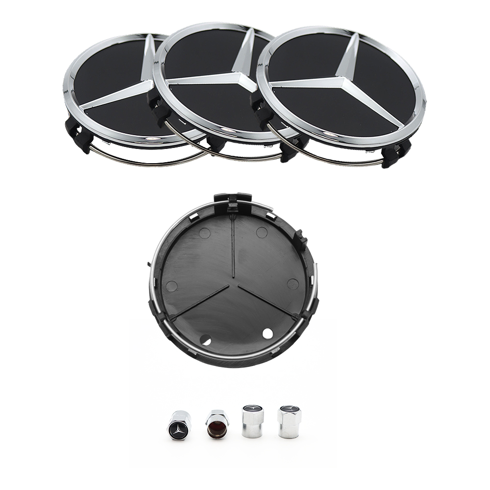 4PCS 2005-2017 CLS550 SLK350 SLK55 AMG 75mm ABS Wheel Center Caps Gloss Black Chrome Mercedes Benz 171-400-01-25-9040