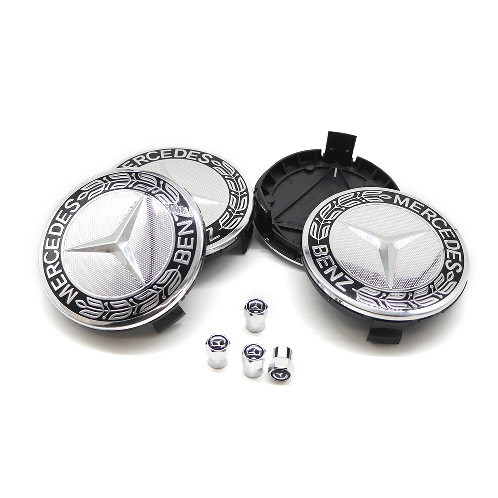 4Pcs 2017-2023 Benz ABS 75mm  Wheel Center Caps Black Silver Wreath Mercedes-Benz 171-400-01-25-7P70