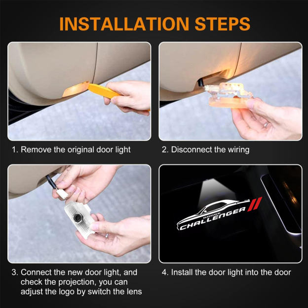 2PCS Challenger 2008-2023 Quartz Glass Never Fade Ghost LED Door Step Courtesy Shadow Lights Dodge