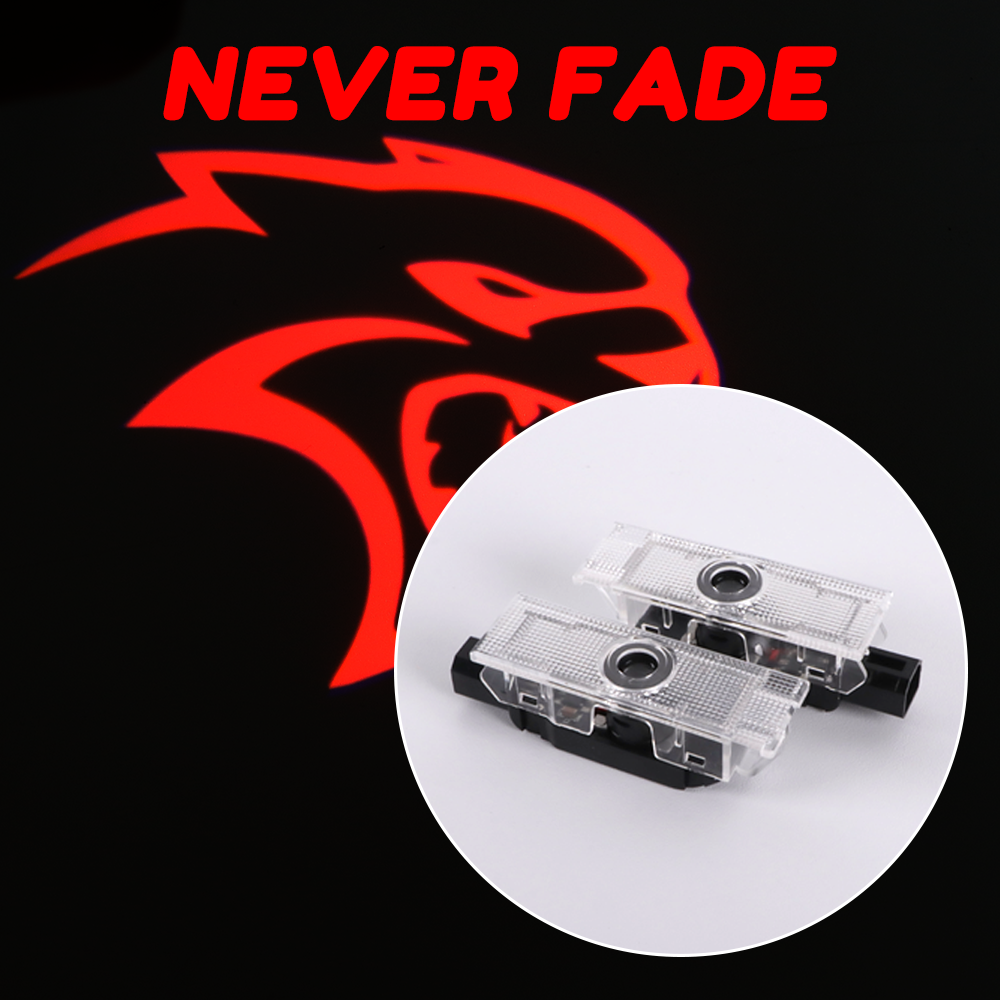 2PCS Challenger Hellcat 2008-2023 Quartz Glass Never Fade Ghost LED Door Step Courtesy Shadow Lights Red Dodge