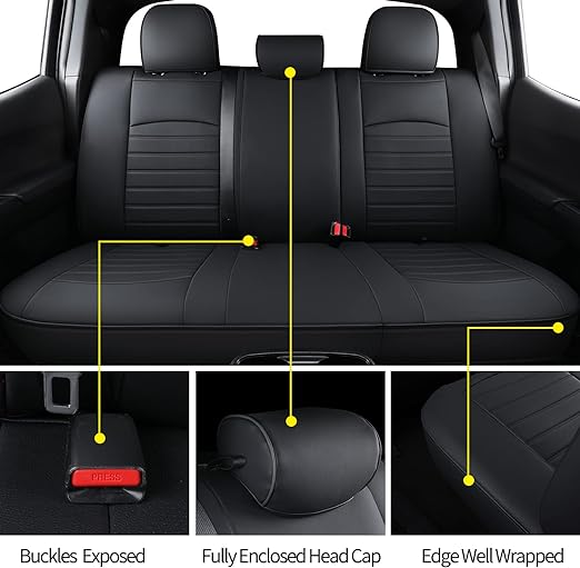 S08-QE Tacoma Seat Covers, Fit for 2005-2023 Tacoma Crew Cab SR SR5 TRD Sport TRD Off-Road PreRunner with Water Proof Faux Leather(Full Set, Black&Red)