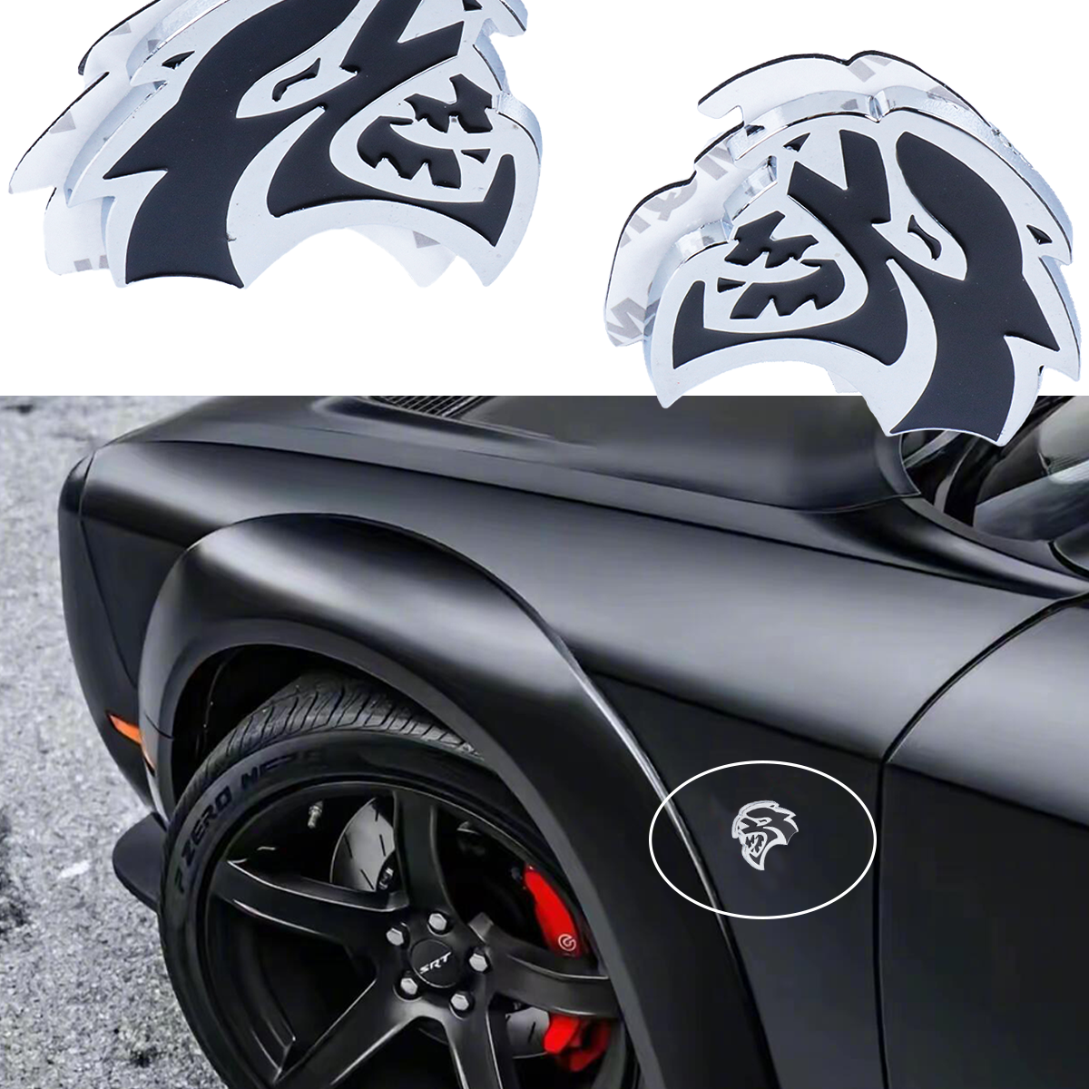 2Pcs 2015-2019 Charger Challenger ABS Hellcat Badge Black Chrome Dodge Devilcat Decal Nameplate
