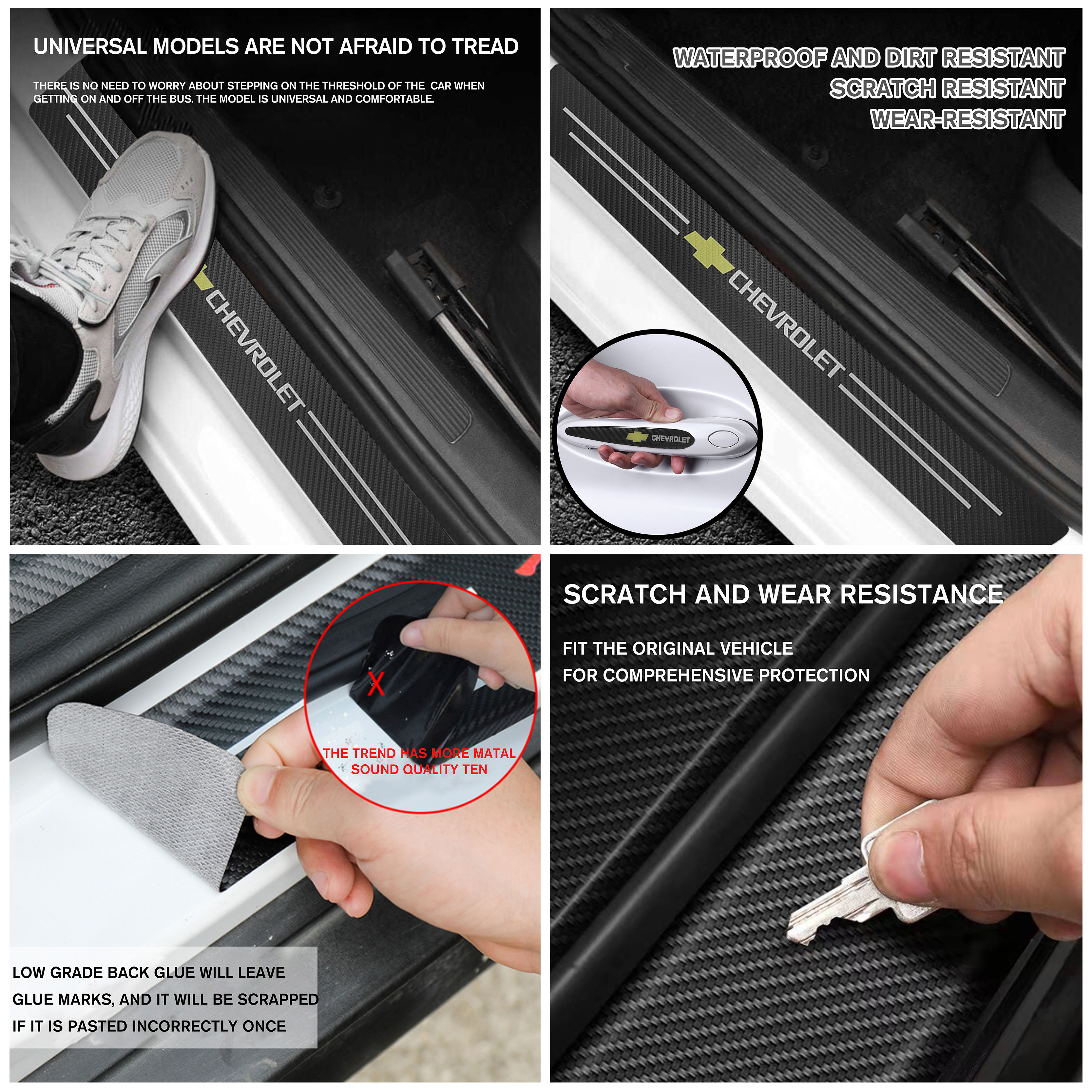12Pcs Chevrolet Carbon Fiber Black Red Door Sill Scuff Covers Protector Door Cup Handle Stickers Set