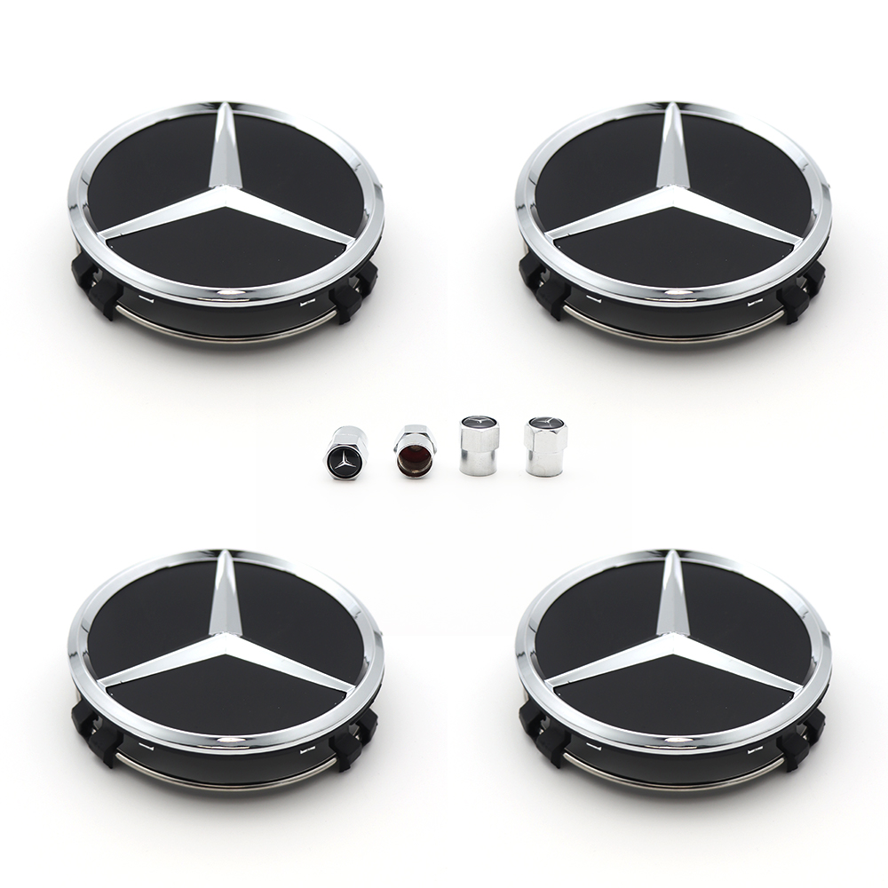 4PCS 2005-2017 CLS550 SLK350 SLK55 AMG 75mm ABS Wheel Center Caps Gloss Black Chrome Mercedes Benz 171-400-01-25-9040