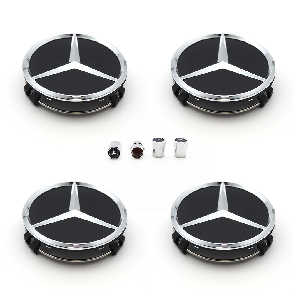 4PCS 2005-2017 CLS550 SLK350 SLK55 AMG 75mm ABS Wheel Center Caps Gloss Black Chrome Mercedes Benz 171-400-01-25-9040