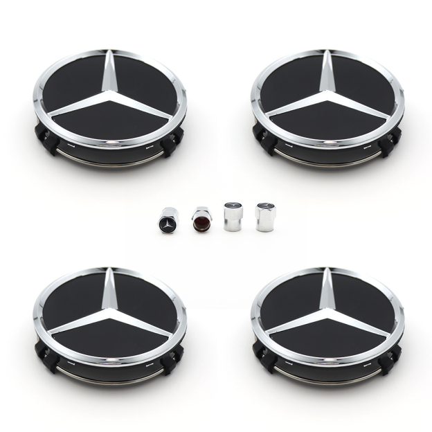 4PCS 2005-2017 CLS550 SLK350 SLK55 AMG 75mm ABS Wheel Center Caps Gloss Black Chrome Mercedes Benz 171-400-01-25-9040