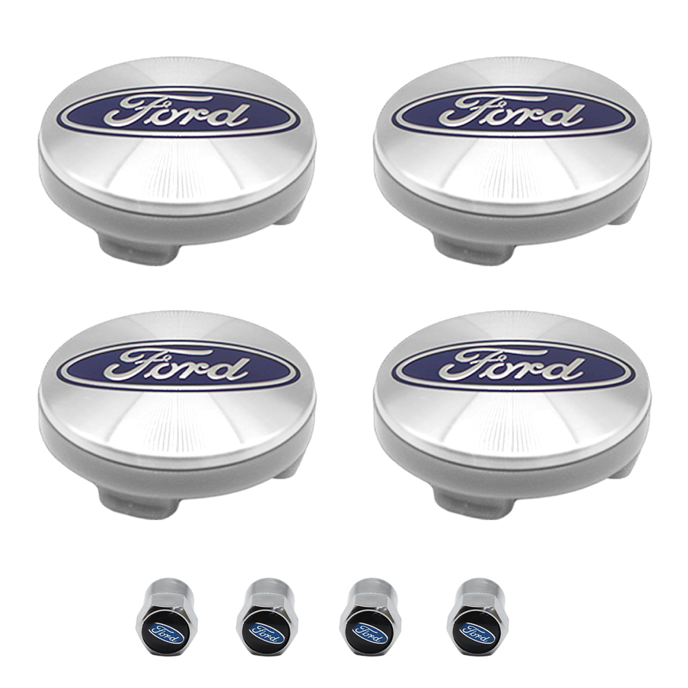 8PCS SET Ford Wheel Center Hub Caps 54mm Rim Emblem Hubcap Cover Logo 2 ⅛" & 4pcs Valve Caps Chrome 6M21-1003-AA 6M2Z-1003-C CP9C1A096AA