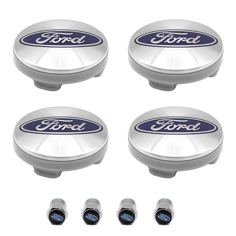8PCS SET Ford Wheel Center Hub Caps 54mm Rim Emblem Hubcap Cover Logo 2 ⅛" & 4pcs Valve Caps Chrome 6M21-1003-AA 6M2Z-1003-C CP9C1A096AA