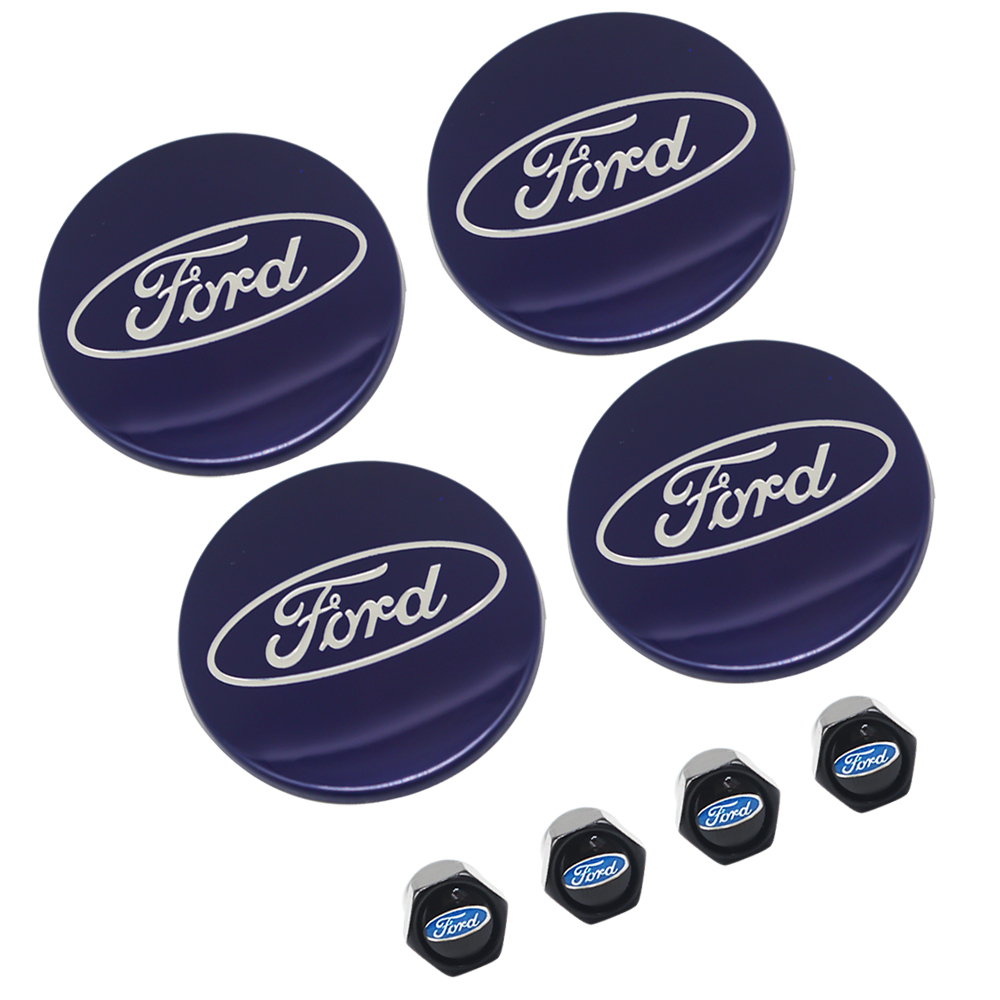 8PCS SET Ford Wheel Center Hub Caps 54mm Rim Emblem Hubcap Cover Logo 2 ⅛" & 4pcs Valve Caps Blue 6M21-1003-AA 6M2Z-1003-C CP9C1A096AA