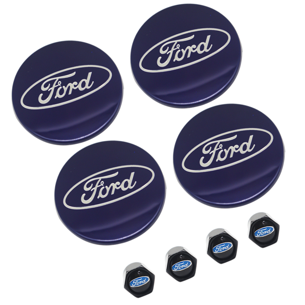 8PCS SET Ford Wheel Center Hub Caps 54mm Rim Emblem Hubcap Cover Logo 2 ⅛" & 4pcs Valve Caps Blue 6M21-1003-AA 6M2Z-1003-C CP9C1A096AA