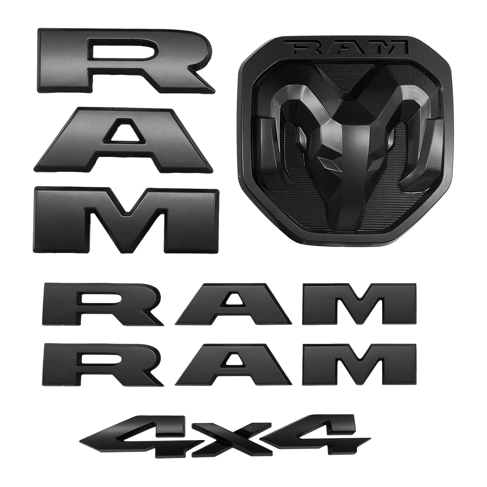 Dodge Ram 1500 2019-2023 Emblem Side Door / Front Grille / Rear Tailgate Rams Head / 4x4 Badge Nameplate Matte Black 68298470AA, 68276327AA