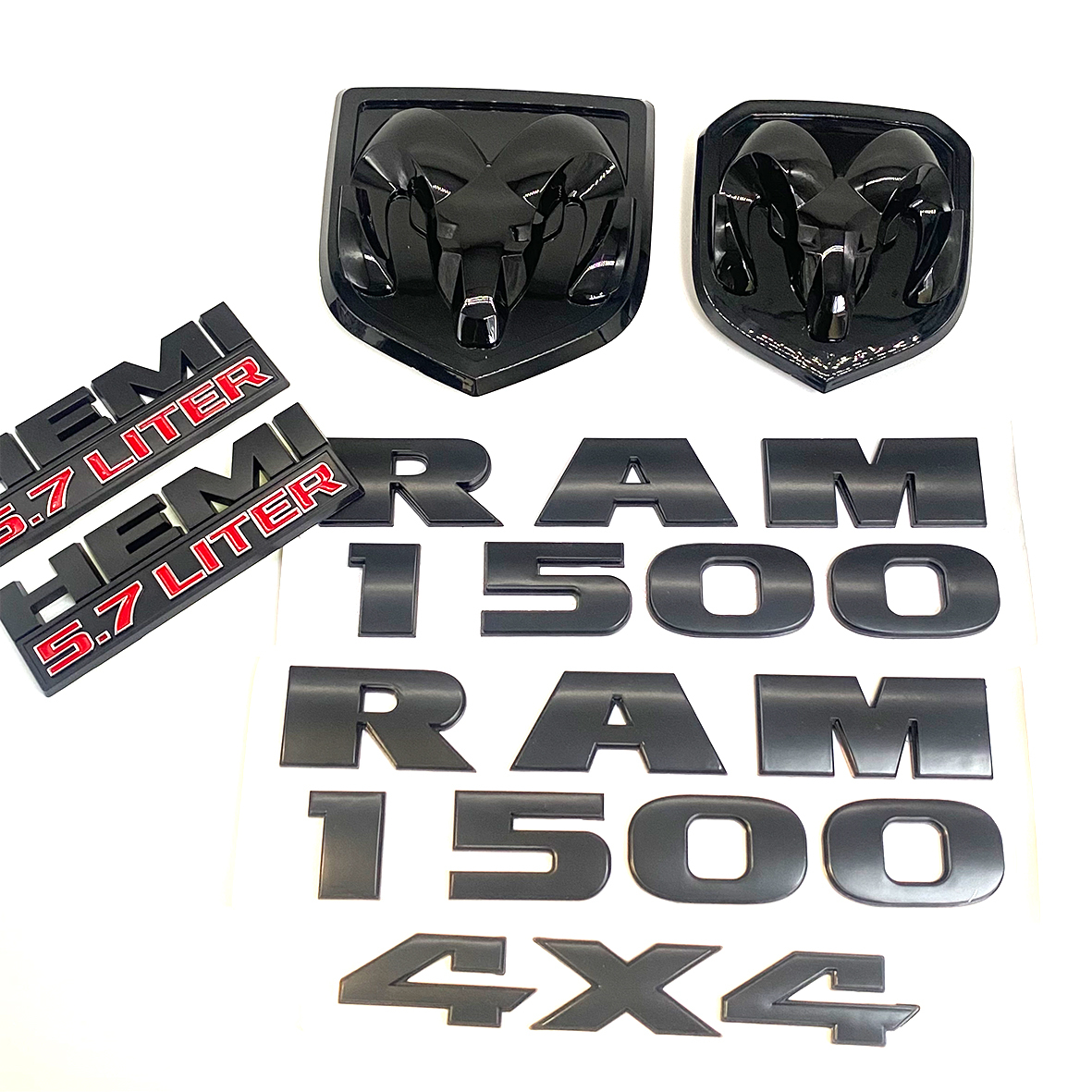 Dodge RAM 1500 Front & Rear RAM Head Emblem + RAM 1500 4X4 Hemi 5.7 liter  Badges Nameplate Black Red 