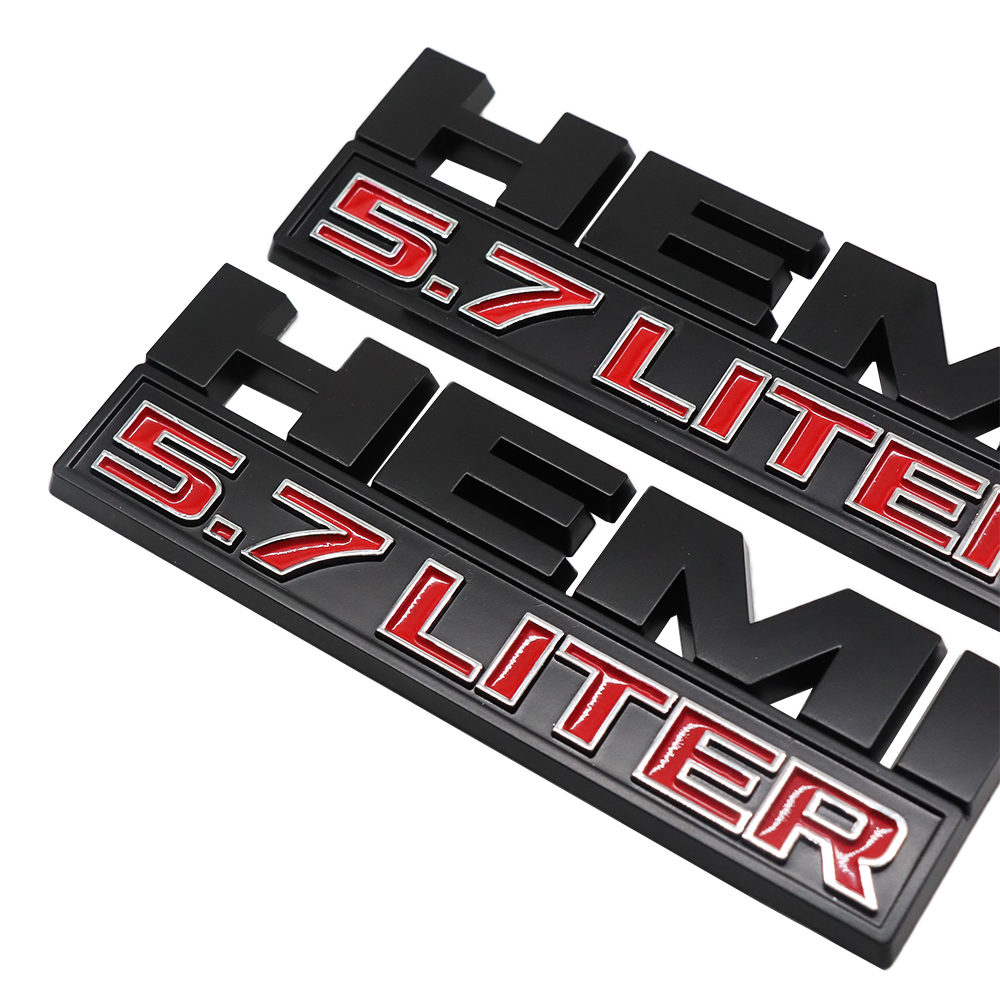 2PCS HEMI 5.7 LITER Black Red 3D Sticker Side Fender Emblems Badges For RAM 1500