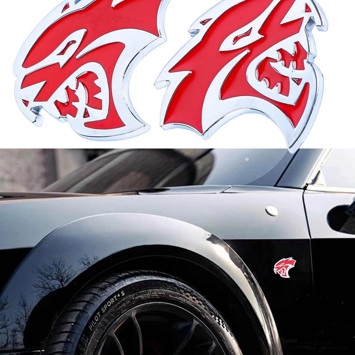 2Pcs 2015-2019 Charger Challenger ABS Hellcat Badge Red Chrome Dodge Devilcat Decal Nameplate