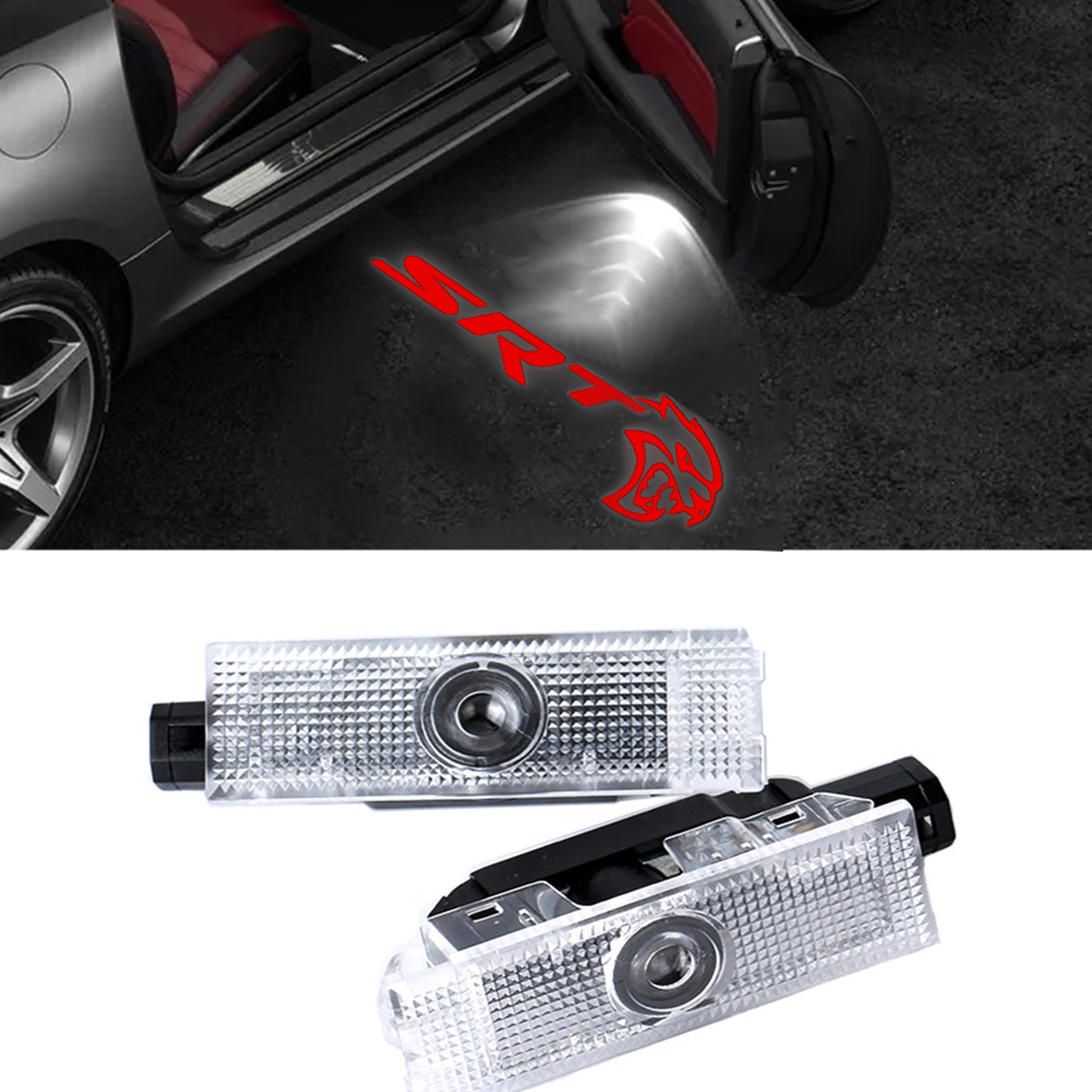 2PCS Challenger Hellcat SRT 2015-2022 Quartz Glass Never Fade Ghost LED Door Step Courtesy Shadow Lights Red Dodge