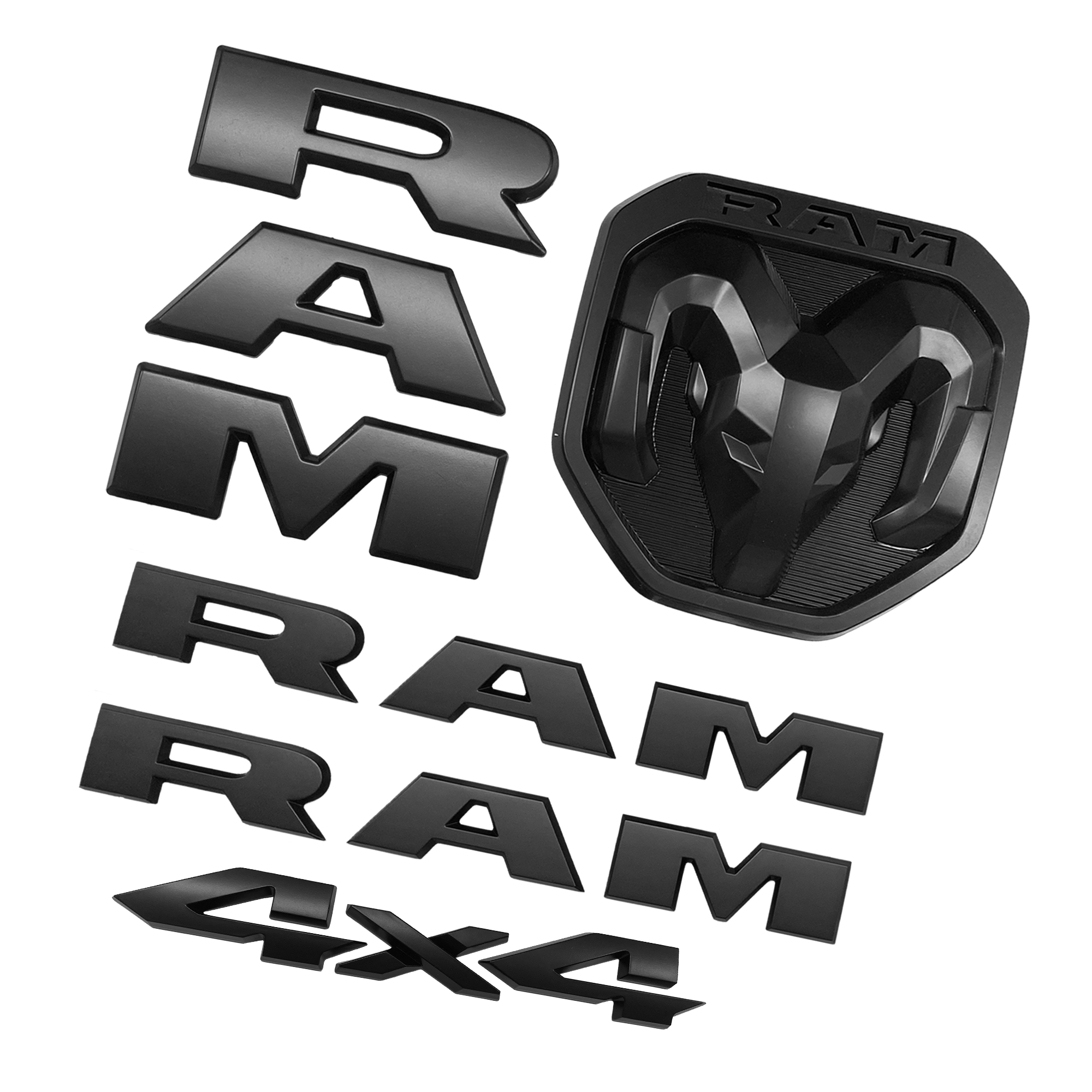 Dodge Ram 1500 2019-2023 Emblem Side Door / Front Grille / Rear Tailgate Rams Head / 4x4 Badge Nameplate Matte Black 68298470AA, 68276327AA