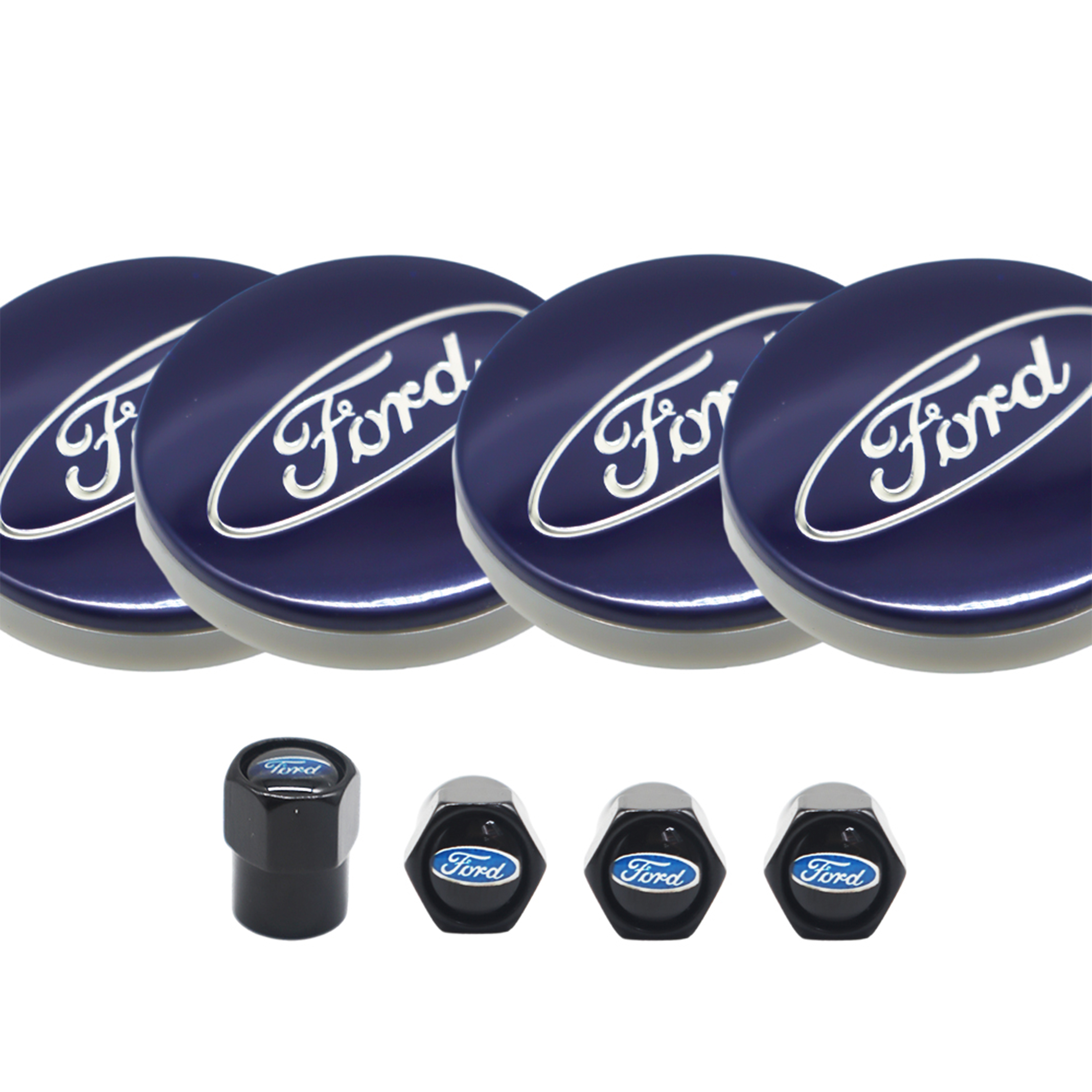 8PCS SET Ford Wheel Center Hub Caps 54mm Rim Emblem Hubcap Cover Logo 2 ⅛" & 4pcs Valve Caps Blue 6M21-1003-AA 6M2Z-1003-C CP9C1A096AA