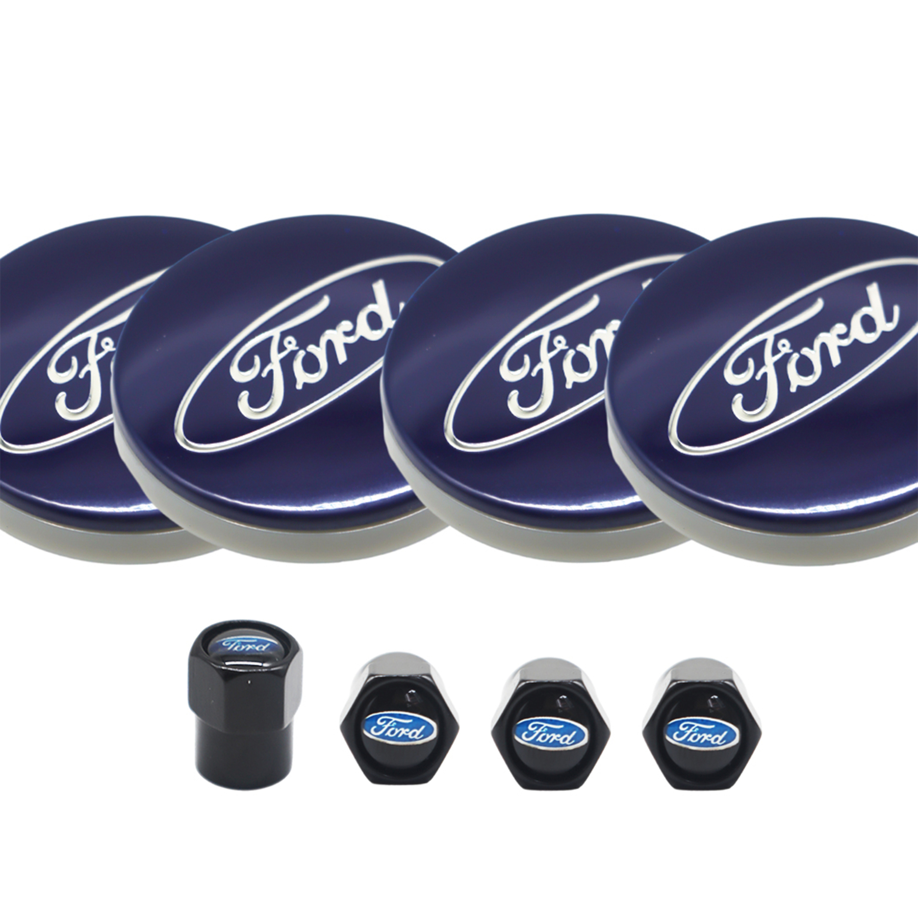 8PCS SET Ford Wheel Center Hub Caps 54mm Rim Emblem Hubcap Cover Logo 2 ⅛" & 4pcs Valve Caps Blue 6M21-1003-AA 6M2Z-1003-C CP9C1A096AA